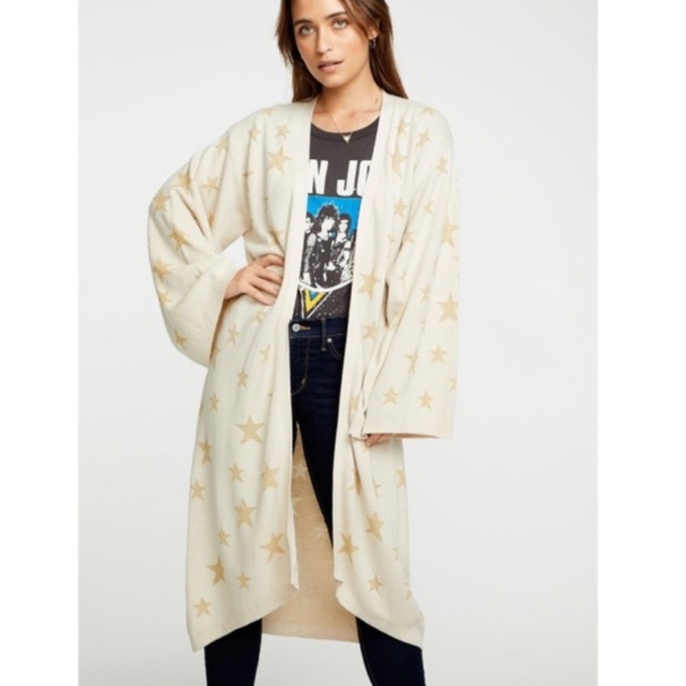 NWT Chaser metallic star knit duster Cream/gold size M/L